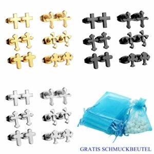 2 Kreuz Ohrstecker Edelstahl Gelbgold Schwarz Silber Ohrringe Damen Herren