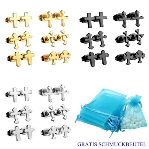 2 Kreuz Ohrstecker Edelstahl Gelbgold Schwarz Silber Ohrringe Damen Herren