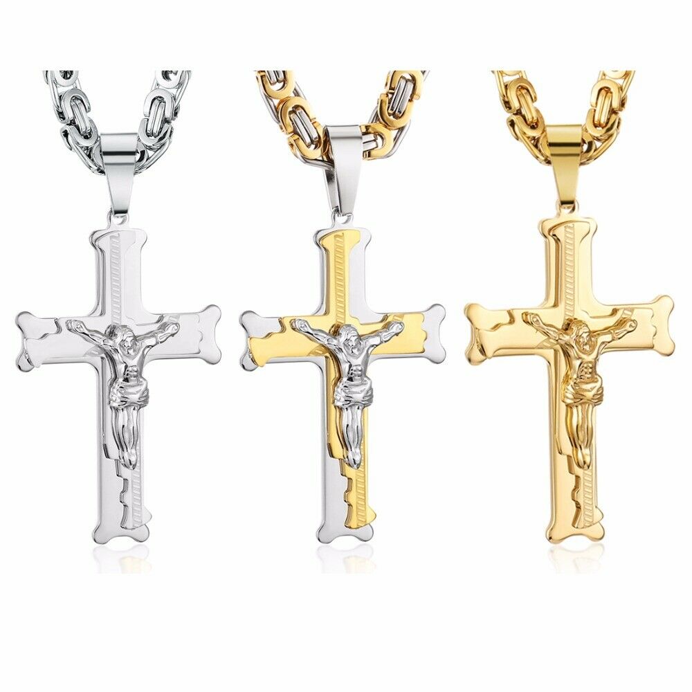 Herren Gold Königskette Edelstahl Kreuz Anhänger Jesus Schmuck 55cm 