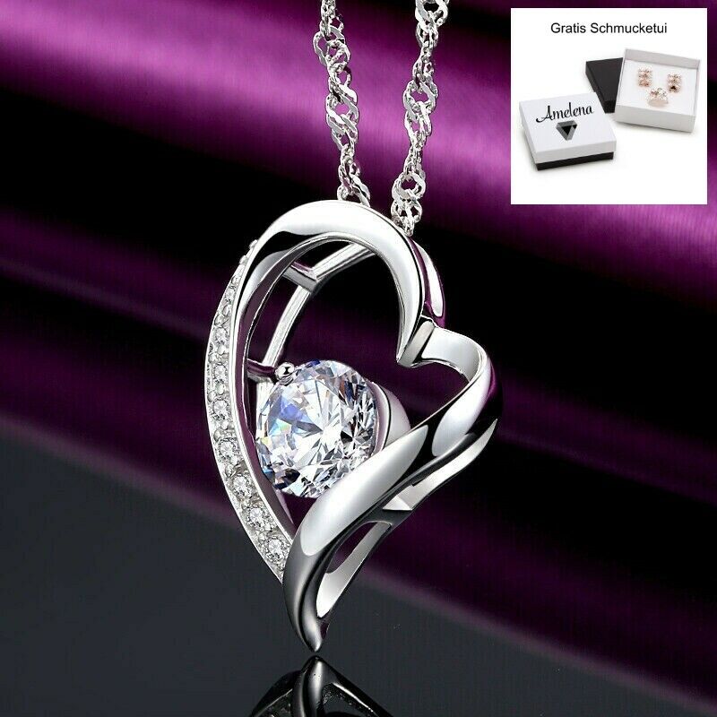 ❤️ Herz-Kette Anhänger Halskette 925 Silber Zirkonia Damen  Valentinsgeschenke –