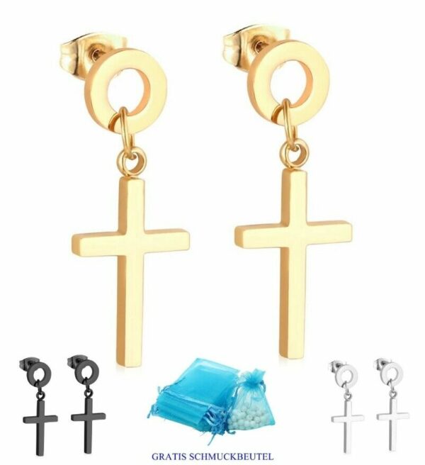 2 Kreuz Ohrhänger Ohrstecker aus Edelstahl Gelbgold Schwarz Silber Ohrringe