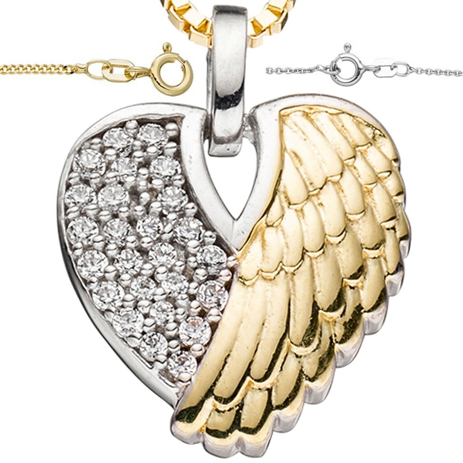 Herzkette ❤️Anhänger Engelsflügel Glück 925 Silber vergoldet Damen Geschenke  –