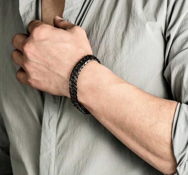 Luxus Doppel Panzerarmband Edelstahl Massiv Silber Gold Schwarz Herren Armband – Bild 6