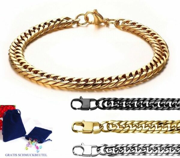 Luxus Doppel Panzerarmband Edelstahl Massiv Silber Gold Schwarz Herren Armband
