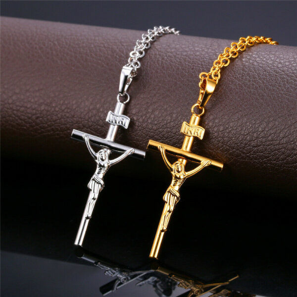 Kreuzkette Jesus INRI Anhänger Ankerkette Gold Silber Schwarz Halskette Herren – Bild 6