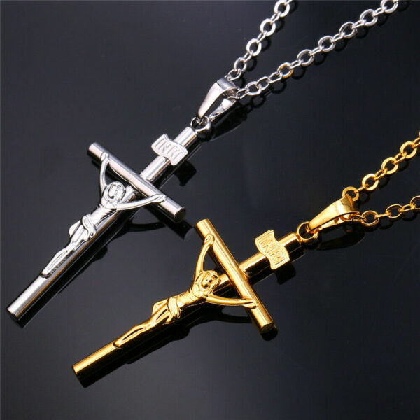 Kreuzkette Jesus INRI Anhänger Ankerkette Gold Silber Schwarz Halskette Herren – Bild 7