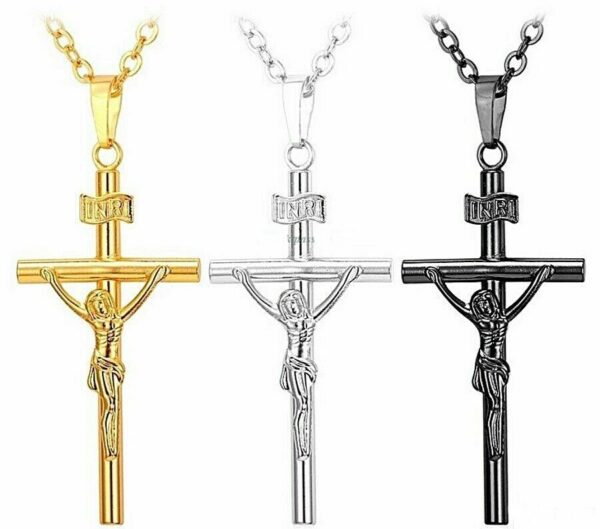 Kreuzkette Jesus INRI Anhänger Ankerkette Gold Silber Schwarz Halskette Herren