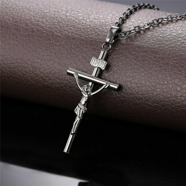 Kreuzkette Jesus INRI Anhänger Ankerkette Gold Silber Schwarz Halskette Herren – Bild 8
