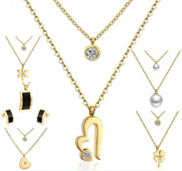 Doppel Halskette Herz Blume Kleeblatt Kreuz Anhänger Edelstahl Silber Gold Damen