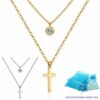 Doppel Kreuz Anhänger Rund Halskette Edelstahl Silber Gelbgold Zirkonia Damen