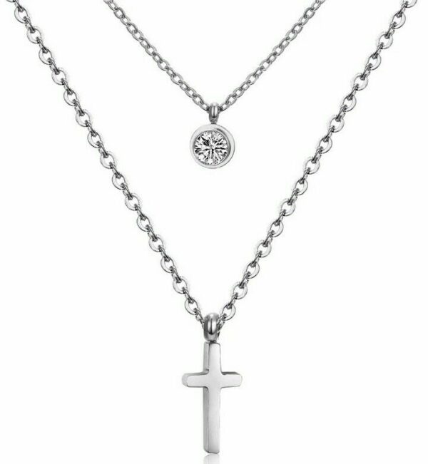 Doppel Kreuz Anhänger Rund Halskette Edelstahl Silber Gelbgold Zirkonia Damen – Bild 4