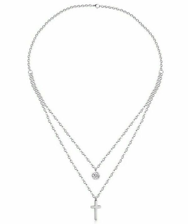Doppel Kreuz Anhänger Rund Halskette Edelstahl Silber Gelbgold Zirkonia Damen – Bild 6