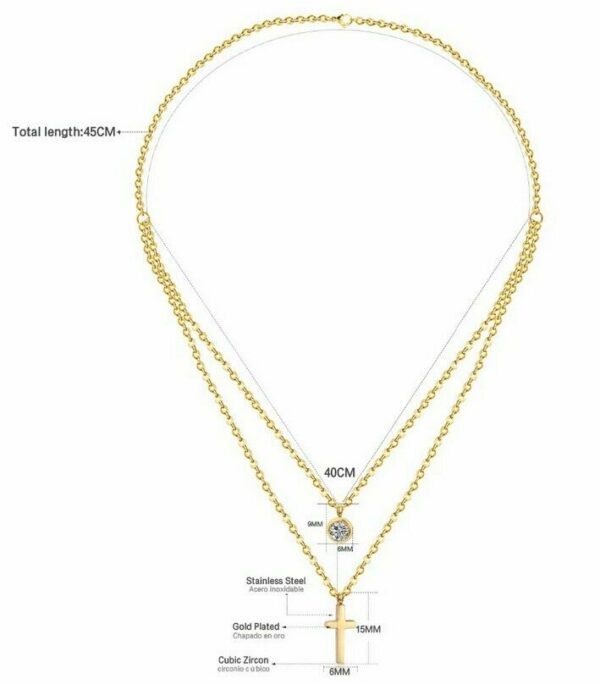 Doppel Kreuz Anhänger Rund Halskette Edelstahl Silber Gelbgold Zirkonia Damen – Bild 7
