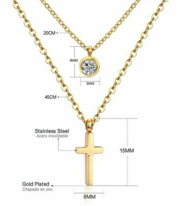 Doppel Kreuz Anhänger Rund Halskette Edelstahl Silber Gelbgold Zirkonia Damen – Bild 9