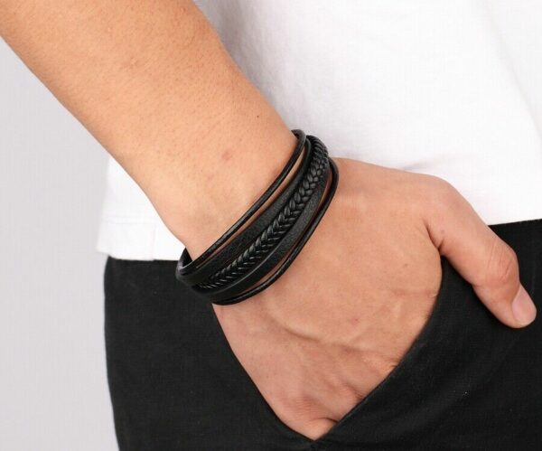 Deluxe Leder-Armband Wickel 6 Reihig geflochten Edelstahl Echtleder Herren Damen – Bild 3