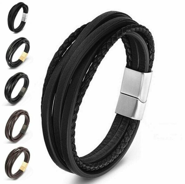 Deluxe Leder-Armband Wickel 6 Reihig geflochten Edelstahl Echtleder Herren Damen