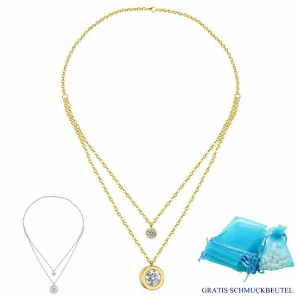 Doppel Anhänger Halskette Edelstahl Silber Gelbgold Zirkonia Kristalle Damen